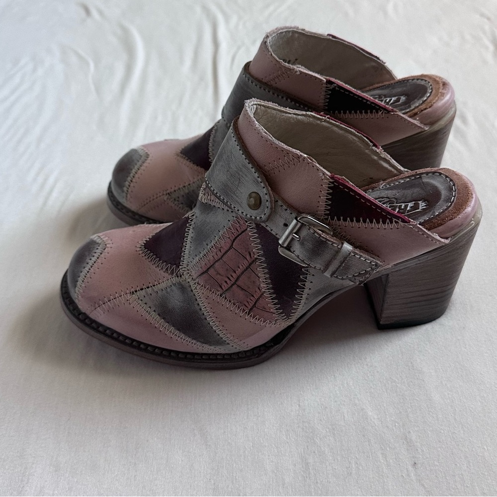 Patchwork Leather Mule Heels in Pink and Gray